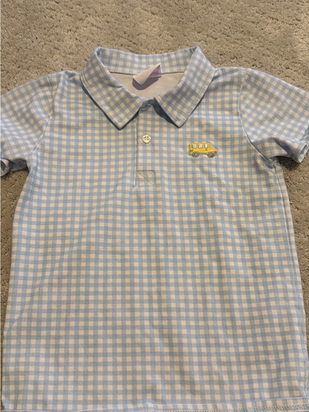 Light Blue Gingham Polo with Yellow Bus Applique - Kids